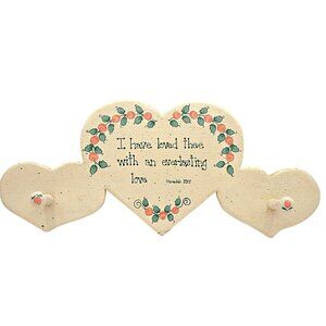 Wooden Heart Wall Hanging Hooks Religious Scripture Signed Back Hand Painted Vtg